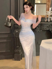 Cyflymder Women Dresses Off Shoulder Sexy Mesh Patchwork Split Backless Temperament Elegant Dress Party Ladies Fashion Cocktail