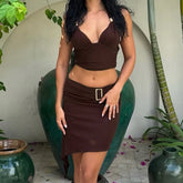 Cyflymder Summer Skirts Two Piece Sets For Women Sexy Backless Sleeveless Halter Cropped Tops&Irregular Mini Skirt Suits Holiday