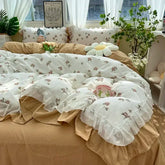 Cyflymder Romantic French Flowers Lace Ruffles Bedding Set Washed Cotton Duvet Cover Bed Flat Sheet Pillowcases Girls Couple Bed Linens