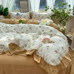 Cyflymder Romantic French Flowers Lace Ruffles Bedding Set Washed Cotton Duvet Cover Bed Flat Sheet Pillowcases Girls Couple Bed Linens