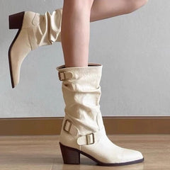 Cyflymder Autumn Winter Vintage Thick Heel Women Western Cowboy Boots Slip On Belt Buckle Shoes Ladies Mid Calf Botas Zapatos De Mujer