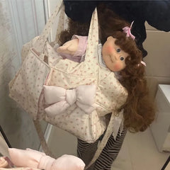 Cyflymder Sweet Cute Harajuku Bow Tote Bag Women Floral Large Capacity Handbag Ladies Casual Travel Versatile Shoulder Crossbody Bag Chic