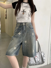 Cyflymder Women's Retro Style Star Print Denim Shorts Summer Quarter Bottoms Wide Leg Capris Female High Waist Straight Kenn-length Jeans