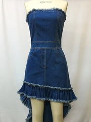 Cyflymder Europe an America Denim Long Women's Dress Vintage Elegant Summer SleevelessHigh Low Ruffled Hem Party Dresses Street Robe