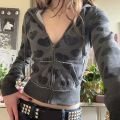 Cyflymder Niche Fashion Design Vintage Bow Print V Neck Hooded Y2k American Sweet Cool Zip Up All Match High Street Coats Casaul Cardigan