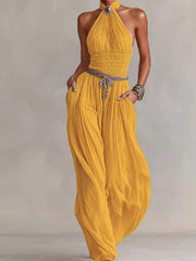 Cyflymder Bohemian Halter Hollow Vacation Jumpsuit Spring Solid Backless Pleated Women's Rompers Summer Sleeveless Wide Leg Pants Overalls