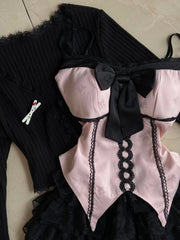 Cyflymder Y2k Aesthetic 3 Piece Sets Knitted Cropped Cardigan + Irregular Bow Print Vest + Fairy Grunge Cake Skirts Vintage Outfits Suit