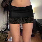 Cyflymder Lace Patchwork Bodycon Skirt Black Low-waisted Wrap Hip Mini Skirts All-match Streetwear Vintage Fashion Bottoms Women