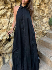 Cyflymder Women's new summer linen black halter neck casual loose robe dress sexy strapless backless design personality fashion