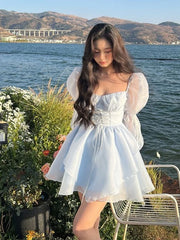 Cyflymder Sweet Kawaii Mini Dress Vintage Korean Elegant Fashion Party Dress Women Fairy Princess Puff Sleeve Chic Summer Prom Dress