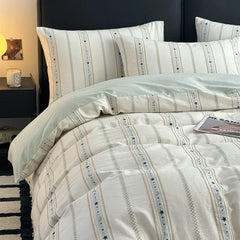 Cyflymder 4Pcs High-End Striped Jacquard Fitted Sheet Bedding 100% Cotton Soft Breathable Bedclothes Cozy Comfort Set with Corner Belt