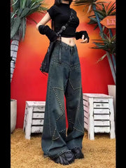 Cyflymder American Retro Rivet Straight Jeans Women's Fashion Design Spice Girl Loose Wide-leg Pants Baggy Jeans
