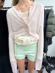 Cyflymder Pink Mohair Button Knitted Tops Women Autumn Simple All-match Chic Long Sleeve Tee Shirts Sweet Cute Preppy Style Thin Cardigan