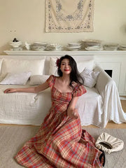 Cyflymder Vintage Red Plaid Long Dress Women Summer Square Collar High Waist Slim A-line Dresses French Elegant Beach Robe