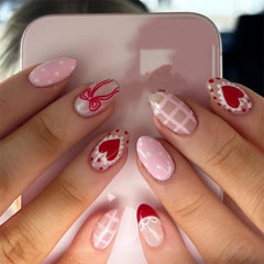 Cyflymder 24Pcs Short Almond Fake Nails Red Love Heart Cherry Star Press on False Nails Shiny Powder Grid Detachable Full Cover Nails Tips