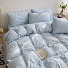 Cyflymder INS Korean Style Fresh Blue Duvet Cover Washed Cotton Bed Sheet Bed Skirt Four-Piece Set Dormitory Simple Solid Color