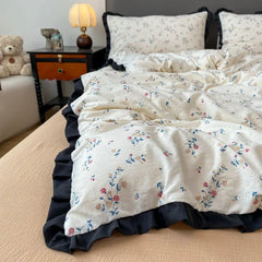 Cyflymder INS French Style Floral Simple Black Lace Double Layer Gauze Bedding Set Washed Cotton Bed Sheet Fitted Sheet Fresh Quilt Cover
