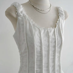 Cyflymder French Sweet Lace Spliced Tie up Pleated Slip Dress Summer New Korean Chic Sleeveless Waist Slimming Short White Dress for Women