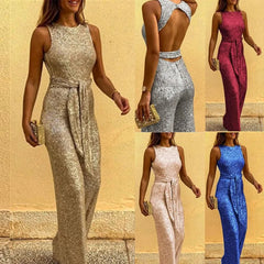 Cyflymder Spring Women's Clothing Sleeveless High Waist Jumpsuit Silver Sequin Dots Elegant Long Romper For Woman Polyester British Style