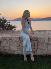 Cyflymder Halter Sleeveless Knot Buckle Jacquard Midi Dress Slim Fit Bodycon Summer Women Satin Gown Causal Coquette Lady Vestido
