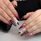 Cyflymder 24Pcs Wine Red Gradient French Press on Fake Nails Long Stiletto Detachable False Nails 3D Bow Pearl Heart Full Cover Nails Tips