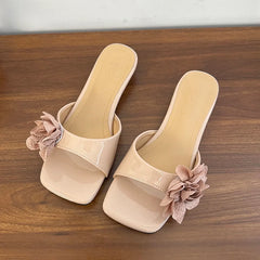 Cyflymder Flower Slippers Square Toe Womens Fashion Elegant Heels Shoes for Woman Heeled Sandals Flip Flops Dress New Mujer Sandalias