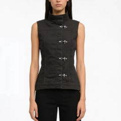 Cyflymder New High Street Fashion Popular Stand Colaar Sleeve Vest Y2k Aesthetic Single Breasted Sweet Cool Women Clothes Vintage Tops