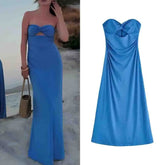 Cyflymder Women's new fashion open design slim pleated strapless MIDI dress retro sleeveless backless women's dress