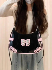 Cyflymder Sweet Cool Black Y2k Shoulder Bags Purse Women Hot Girls Bow Chic Cute Handbag Female Fairycore Underarm Bag Aesthetic