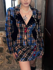 Cyflymder Autumn Fashion Vintage Slim Plaid 2-piece Set High Street Hepburn V-neck Long Sleeve Cardigan Women Aesthetic Hip-wrapped Skirt