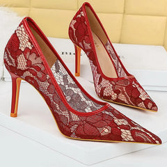 Cyflymder Shoes Wine Red Lace Women Pumps Mesh Hollow High Heels Sexy Party Shoes Stilettos Pointed Toe Female Pumps Tacones