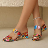 Cyflymder Women's Fashion Sandals Square Heel 5.5cm Heel High Colorful Crystal Shoes Women Dress Leisure Retro Lovely