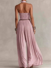 Cyflymder Bohemian Halter Hollow Vacation Jumpsuit Spring Solid Backless Pleated Women's Rompers Summer Sleeveless Wide Leg Pants Overalls