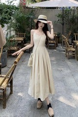 Cyflymder Audrey Hepburn Style Sling Dress Summer New French Style Socialite Elegant Tight Waist Slimming Mid-length Pleated Skirt