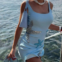 Cyflymder Sea Star Embroidered Knitted Women's Mini Dress Casual O Neck Sleeveless Holiday Dress 2025 Summer Vacation Sexy Slim Robe Dress