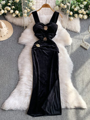 Cyflymder Ele Velvet V-Ne Metal Flower Print Wrap Dr Women's Faion Autumn Long Dr High Waist A-Line Skirt No Sve