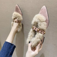 Cyflymder Trendy Fur Shoes Women's Autumn/winter Outerwear New Style Versatile Pointed Mid Heel Coarse Heel Shoe Hopping Bean Shoes