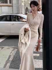 Cyflymder Korean Solid Mermaid Dress for Women Autumn V-neck Long Sleeve Folds Slim Bodycon Vestidos Elegant Evening Party Prom Robe Mujer