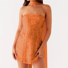 Cyflymder Women Sequin Strapless Mini Dress with Scarf Y2K Rhinestone Sleeveless Off Shoulder Dress Sexy Backless Club Party Dress