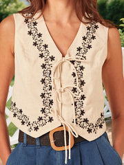 Cyflymder Women s Boho Embroidered Sleeveless V Neck Tank Top Floral Print Loose Fit Summer Shirt Blouse Camisole Tops