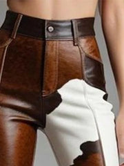 Cyflymder Women's Cow Pattern Leather PU Flare Pant High Waist Slim Faux Leather Trousers High Street Fashion Casual Capris