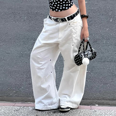 Cyflymder White Streetwear Wide-Leg Jeans For Women Chic Y2k Low Waist Denim Pants Harajuku All match Loose-Fit Trousers Casual