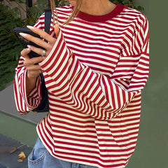 Cyflymder Women Casual Striped Long Sleeve Cotton Tops Autumn O-neck Patchwork Loose T-shirt High Street Female Vintage Tops 2025 New