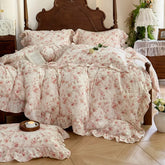 Cyflymder Vintage Oil Painting Style Flowers Ruffles Bedding Set Double Layer Yarn 100% Cotton Duvet Cover Flat/Fitted Sheet Pillowcases