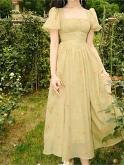 Cyflymder Puff Sleeve Dresses Women Vintage Sweet Girls Retro Simple Print Fashion Preppy Popular Teens Basic Elegant High Waist Harajuku