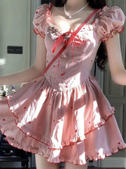 Cyflymder Casual Print Sexy Dress Women Slim Fashion Square Collar Sweet Mini Dress Fashion Lace Up Puffy Sleeve Korean Vestidos New