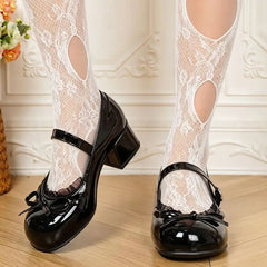 Cyflymder Vintage Bow Knot Y2K Mary Jane Pumps Gothic Black Ruffles 4.3CM Heels Shoes Women Round Toe Sweet White Lolita Cosplay Shoes