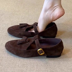 Cyflymder Fashion Tassel T Strap Design Retro Mary Jane Shoes Comfort Round Toe Buckle Flats Shoes for Ladies Lightweight Walking Loafers