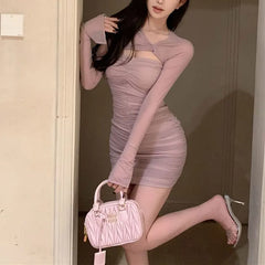 Cyflymder Gauze Folds Stylish Hollow Out Mini Dress Female Clothing Long Sleeve Spring Autumn Aura Skew Collar Sexy Waist Bag Hip Dresses