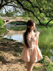 Cyflymder Sweet Dresses Women Flying Sleeve Lace Patchwork Square Collar Slim Bandage French Style Spring Summer Elegant Dress